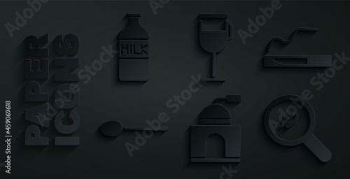 Set Manual coffee grinder, Cigarette, Spoon, Selection beans, Irish and Bottle with milk icon. Vector