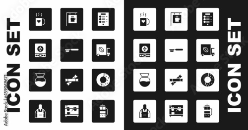 Set Coffee menu, filter holder, Electronic coffee scales, cup and heart, street truck machine, Street signboard, Donut with sweet glaze and Pour over maker icon. Vector