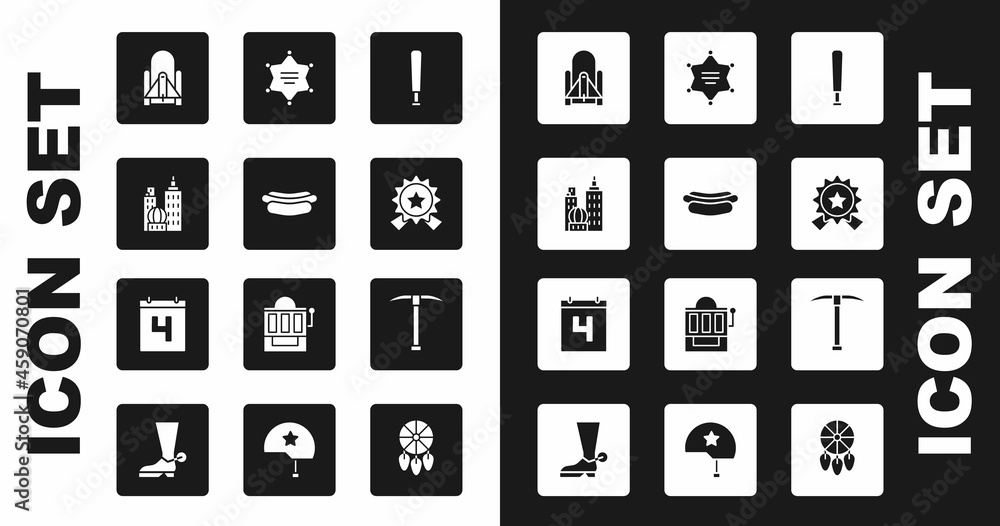 Set Baseball bat, Hotdog sandwich, City landscape, Rocket launch from the spaceport, Medal with star, Hexagram sheriff, Pickaxe and Calendar date July 4 icon. Vector Set Baseball bat, Hotdog sandwich, City landscape, Rocket launch from the spaceport, Medal with star, Hexagram sheriff, Pickaxe and Calendar date July 4 icon. Vector
