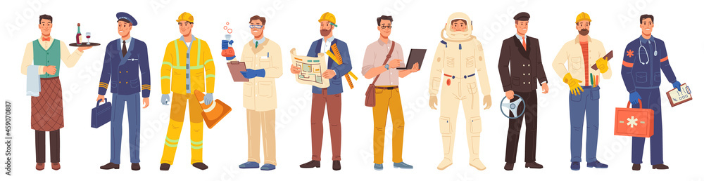 Professions isolated cartoon set. Vector airplane pilot, architect-engineer, repairman and waiter, laboratory assistant scientist, road worker, astronaut and programmer. Driver and ambulance workers Professions isolated cartoon set. Vector airplane pilot, architect-engineer, repairman and waiter, laboratory assistant scientist, road worker, astronaut and programmer. Driver and ambulance workers