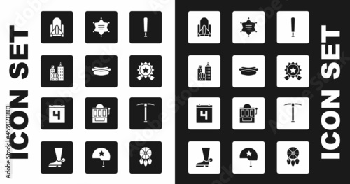 Set Baseball bat, Hotdog sandwich, City landscape, Rocket launch from the spaceport, Medal with star, Hexagram sheriff, Pickaxe and Calendar date July 4 icon. Vector