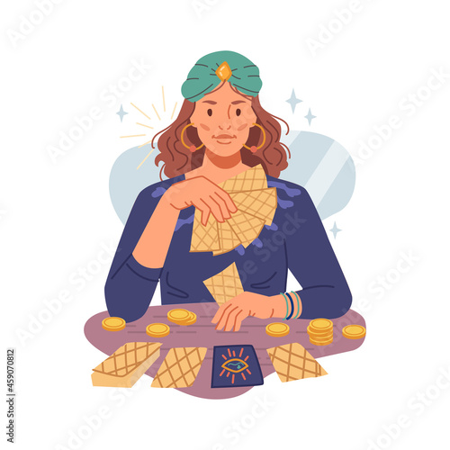 Fortune teller woman guessing on psychic tarot cards isolated flat cartoon character. Vector gypsy lady reading future, fairy with card. Mystery girl fortuneteller, astrology and destiny foresight