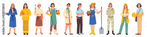 Different occupations, woman workers professions set isolated flat cartoon characters. Vector police lady, firefighter, builder and cook, doctor and farmer, journalist and military, postman, cleaner
