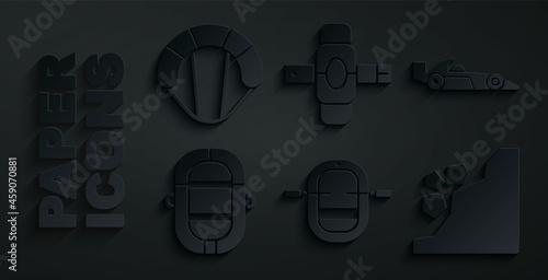 Set Rafting boat, Formula 1 racing car, Landslide, Knee pads and Parachute icon. Vector
