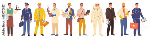 Professions isolated cartoon set. Vector airplane pilot, architect-engineer, repairman and waiter, laboratory assistant scientist, road worker, astronaut and programmer. Driver and ambulance workers