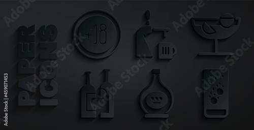 Set Bottle of cognac or brandy, Cocktail, Bottles wine, Effervescent tablets water, Beer tap with glass and Alcohol 18 plus icon. Vector