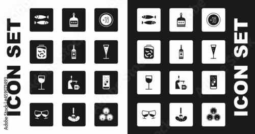 Set Alcohol 18 plus, Glass bottle of vodka, Pickled cucumbers in jar, Dried fish, champagne, drink Rum, Effervescent tablets water and Wine glass icon. Vector
