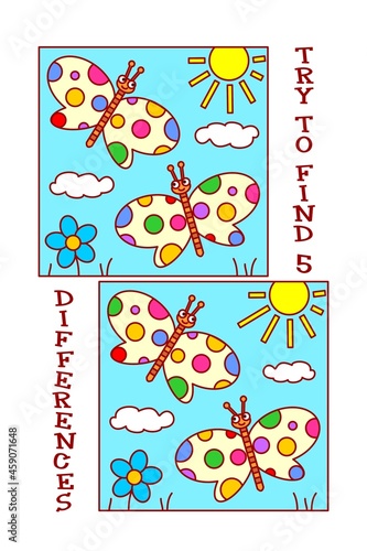 Find differences visual puzzle or picture riddle with butterflies, sun, flower. 
