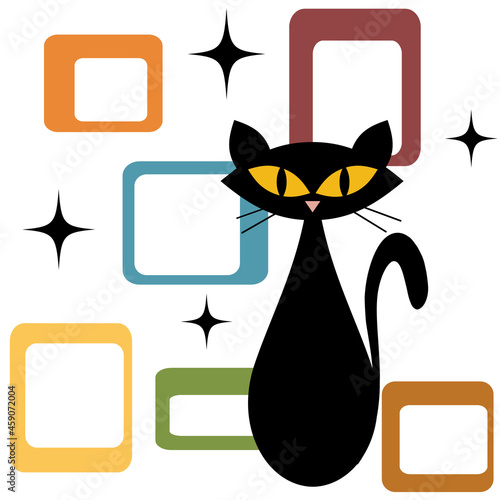Colorful abstract Mid Century style illustration with black cat, black stars and colorful cubes decoration on white background © anasztazia