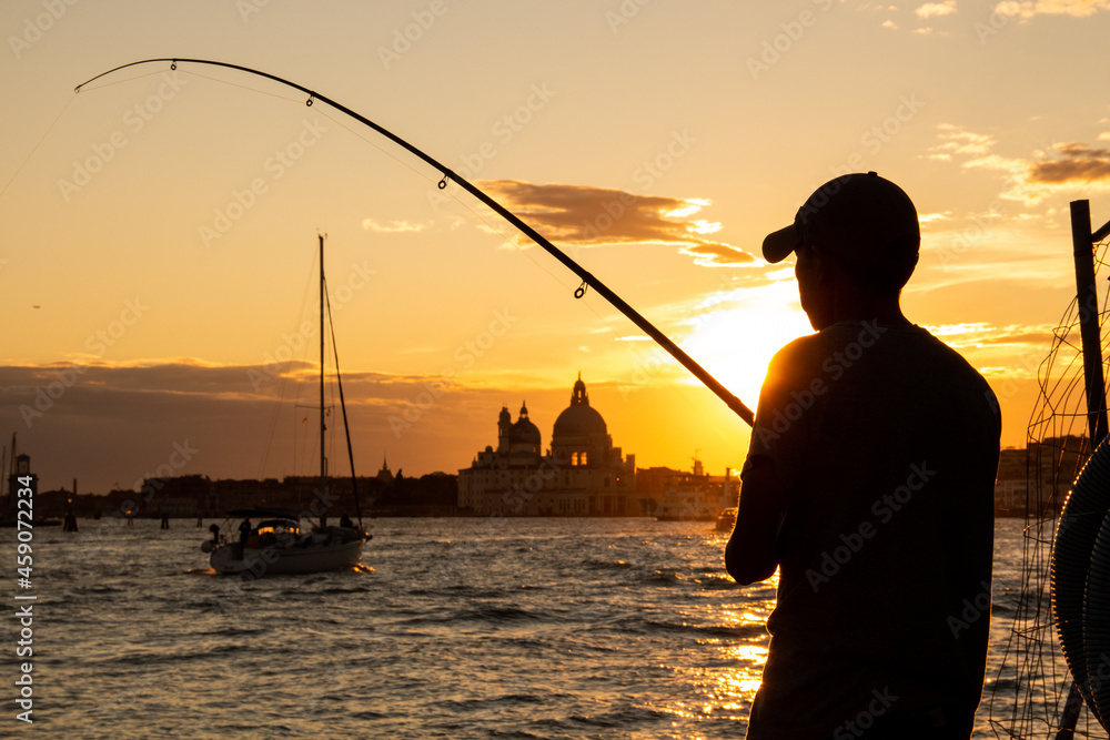 Fototapeta premium Golden Hour Lagoon Fishing Venice Italy