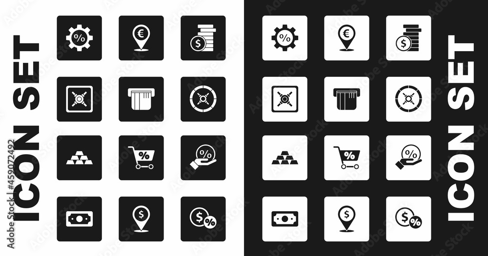 Set Coin money with dollar, Credit card, Safe, Gear percent, Cash location, Discount tag and Gold bars icon. Vector Set Coin money with dollar, Credit card, Safe, Gear percent, Cash location, Discount tag and Gold bars icon. Vector
