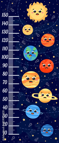 Solar system height meter for kids with planets and stars in childish style, printable funny galaxy growth chart