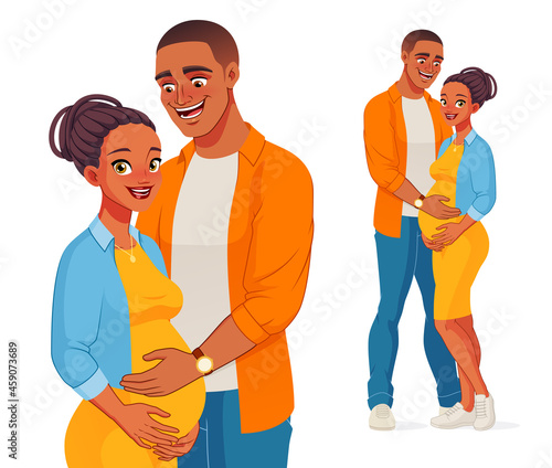 Happy African American man holding belly of his pregnant wife. Vector illustration.