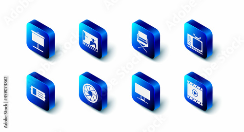 Set Online play video, Director movie chair, Retro tv, Play Video, Smart Tv, Camera shutter, Cinema ticket and Projection screen icon. Vector