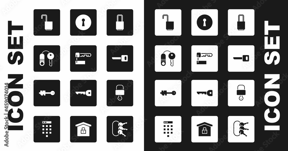 Set Lock, Marked key, House with, Open padlock, Key, Keyhole, and and Old icon. Vector Set Lock, Marked key, House with, Open padlock, Key, Keyhole, and and Old icon. Vector