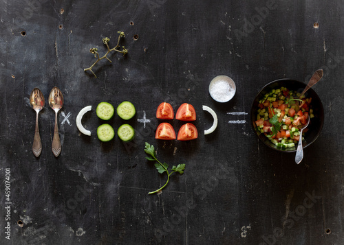 Equation of a salad bowl, the ingredients of a simple vegetable salted salad
