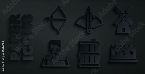 Set Wooden barrel, Windmill, Medieval knight, King crown, Battle crossbow with arrow and and icon. Vector