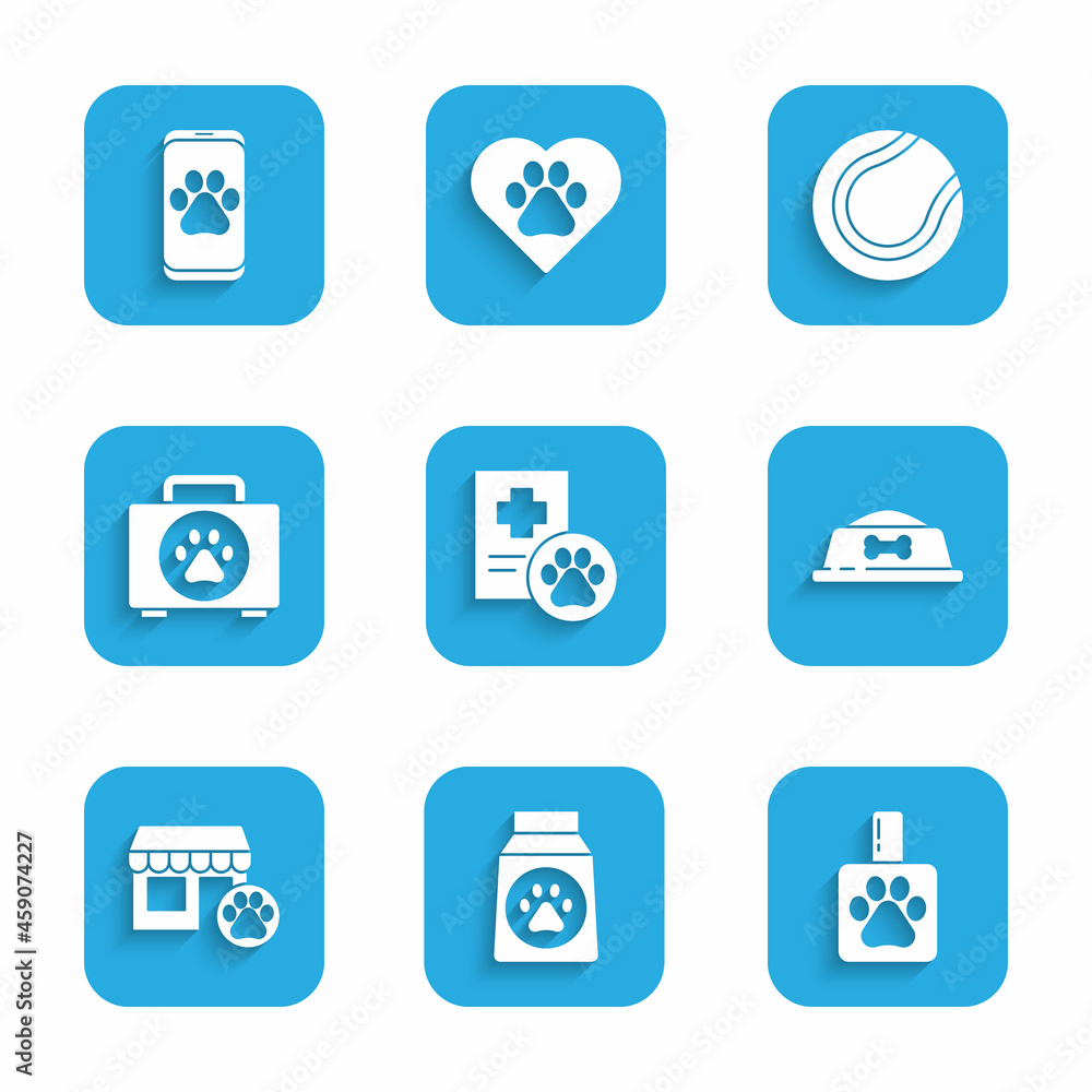 Set Clinical record pet, Bag of food, Pet shampoo, bowl, Veterinary hospital, first aid kit, Tennis ball and clinic icon. Vector Set Clinical record pet, Bag of food, Pet shampoo, bowl, Veterinary hospital, first aid kit, Tennis ball and clinic icon. Vector