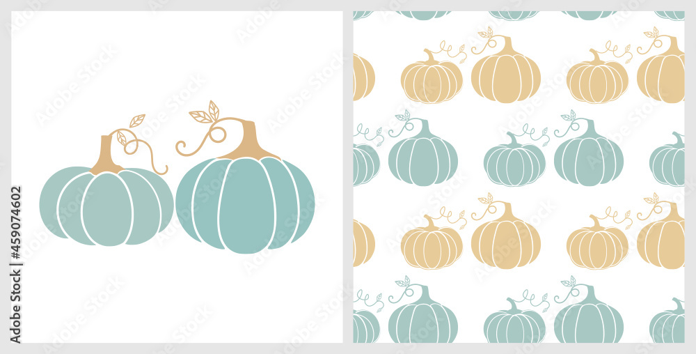 Seamless pattern with blue and gold pumpkins on white background. Pumpkins with leaves isolated on white background vector illustration.