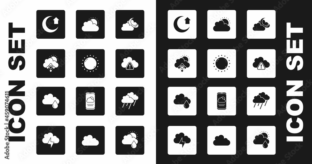 Set Cloud with moon, Sun, snow and sun, Moon, Storm warning, cloud weather, rain and icon. Vector Set Cloud with moon, Sun, snow and sun, Moon, Storm warning, cloud weather, rain and icon. Vector