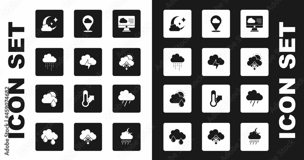 Set Weather forecast, Storm, Cloud with rain, moon, snow and sun, Location cloud, and icon. Vector Set Weather forecast, Storm, Cloud with rain, moon, snow and sun, Location cloud, and icon. Vector