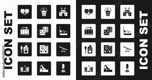 Set Castle, Game dice, Arcade game machine, Comedy and tragedy masks, Bumper car, Popcorn box, Seesaw and Ice cream bowl icon. Vector
