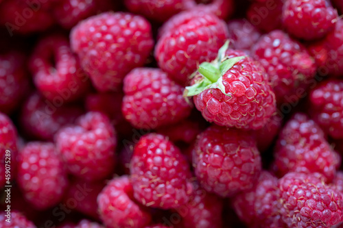 Ripe organic raspberries close up macro. Selective focus