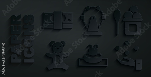 Set Fountain, Ice cream bowl, Teddy bear plush toy, Juggling ball, Ferris wheel and Stacks paper money cash icon. Vector