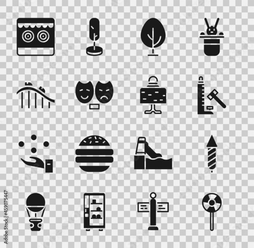 Set Lollipop, Firework rocket, Striker attraction with hammer, Tree, Comedy and tragedy masks, Roller coaster, Shooting gallery and Magic ball table icon. Vector