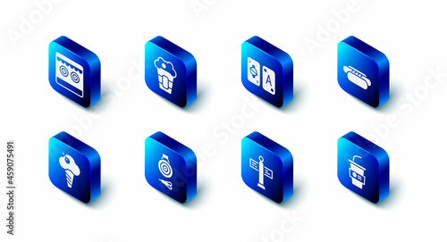 Set Popcorn in box, Tarot cards, Hotdog, Paper glass with water, Road traffic signpost, Classic dart board and arrow, Ice cream waffle cone and Shooting gallery icon. Vector