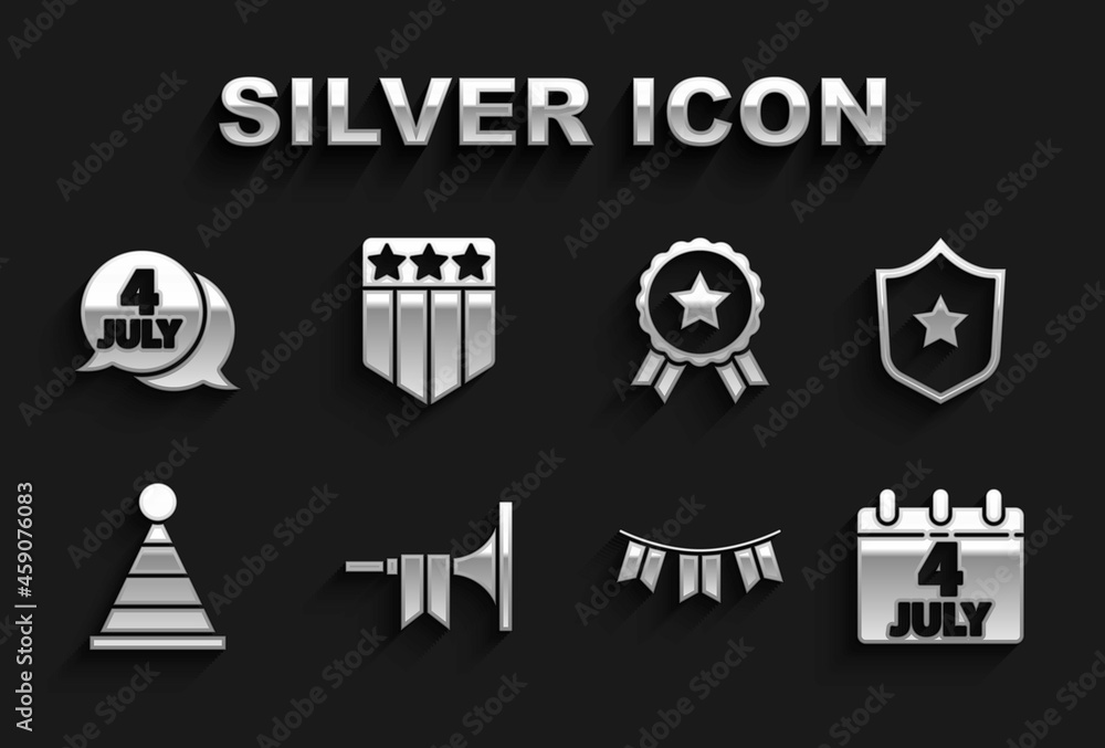 Set Trumpet, Police badge, Calendar with date July 4, Carnival garland flags, Party hat, Medal star, USA Independence day and Shield stars icon. Vector Set Trumpet, Police badge, Calendar with date July 4, Carnival garland flags, Party hat, Medal star, USA Independence day and Shield stars icon. Vector