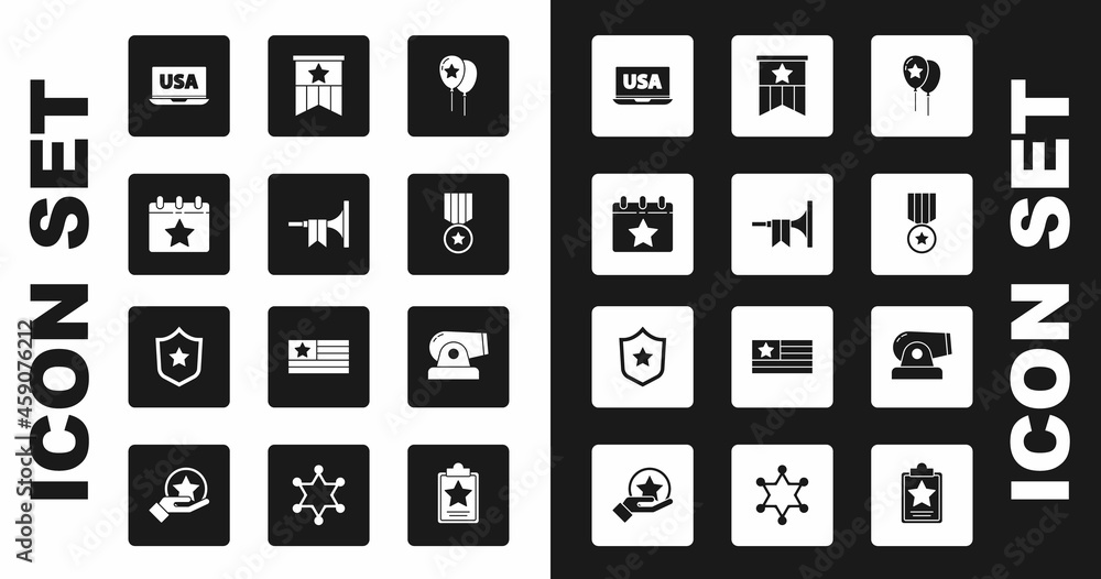 Set Balloons, Trumpet, Calendar with date July 4, USA laptop, Medal star, American flag, Cannon and Police badge icon. Vector Set Balloons, Trumpet, Calendar with date July 4, USA laptop, Medal star, American flag, Cannon and Police badge icon. Vector