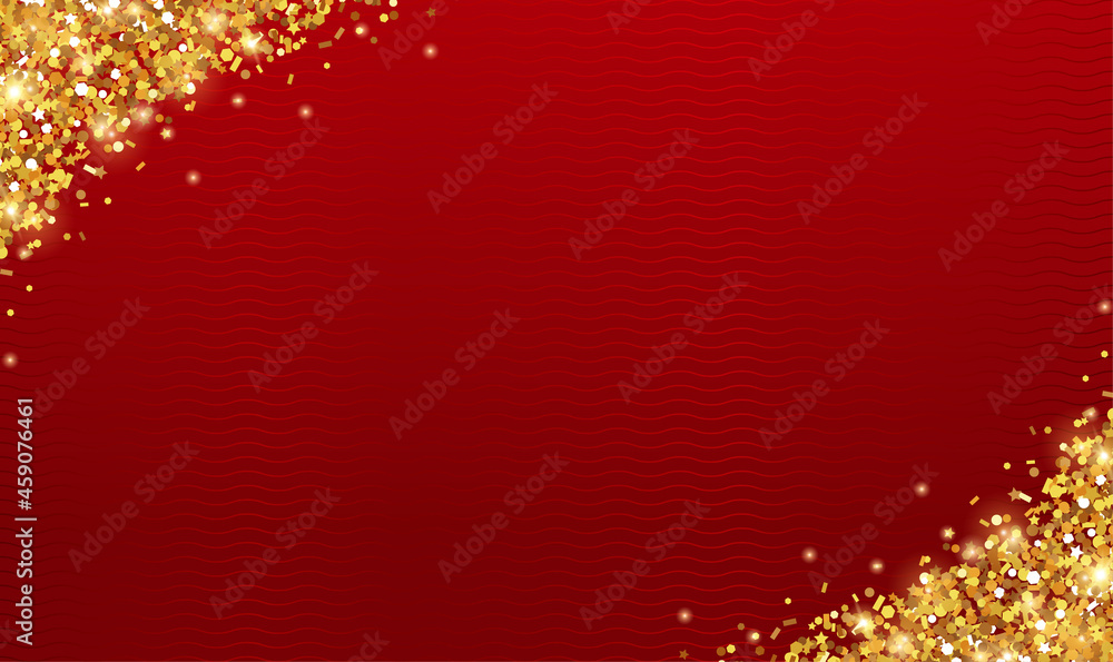 Red gradient background with sparkling glitter border, frame. Gold