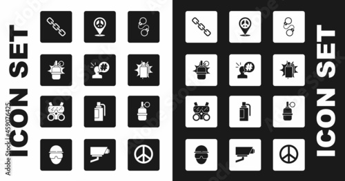Set Handcuffs, Protest, grenade, Chain link, Location peace, and Gas mask icon. Vector