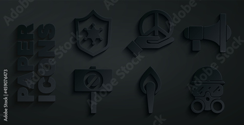 Set Torch flame, Megaphone, Protest, Gas mask, Peace and Police badge icon. Vector
