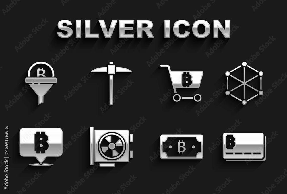 Set Video graphic card, Blockchain technology, Credit with bitcoin, Cryptocurrency, Bitcoin, Shopping cart, Sales funnel and Pickaxe icon. Vector Set Video graphic card, Blockchain technology, Credit with bitcoin, Cryptocurrency, Bitcoin, Shopping cart, Sales funnel and Pickaxe icon. Vector
