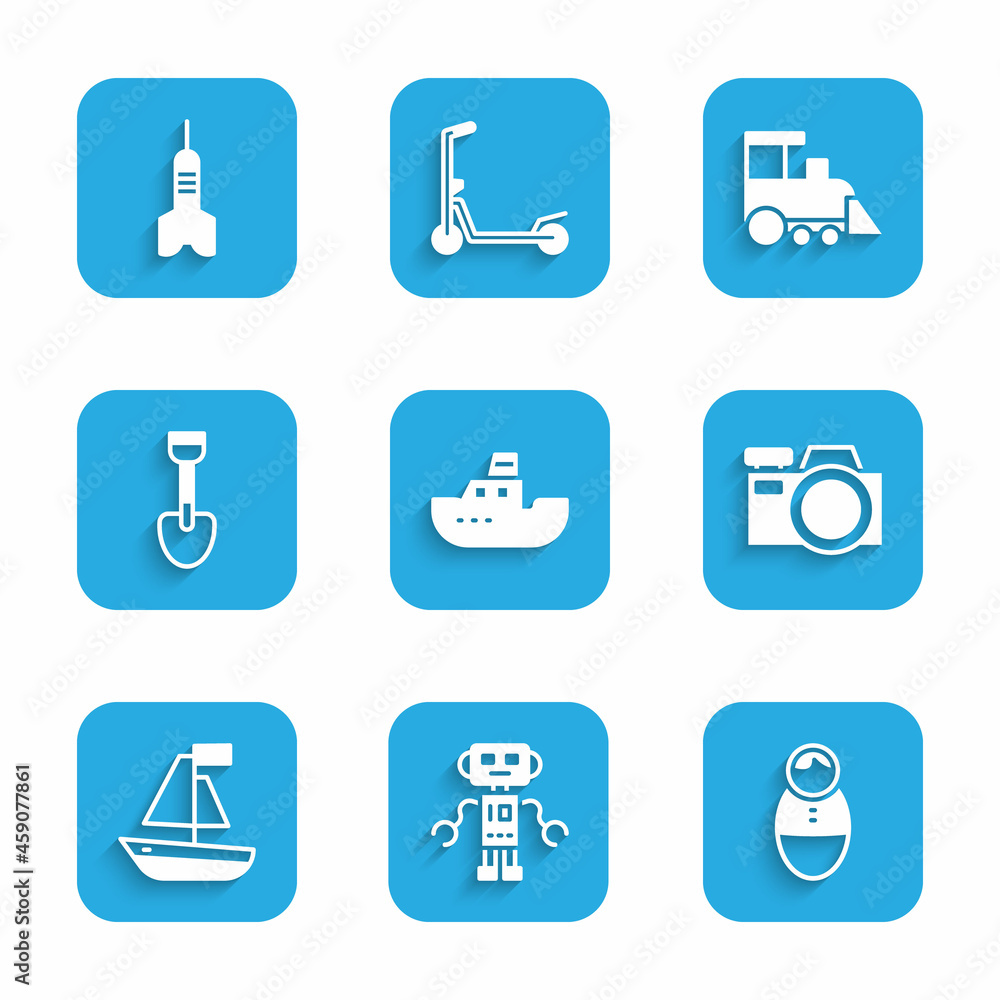 Set Toy boat, Robot toy, Tumbler doll, Photo camera, Shovel, train and Dart arrow icon. Vector Set Toy boat, Robot toy, Tumbler doll, Photo camera, Shovel, train and Dart arrow icon. Vector