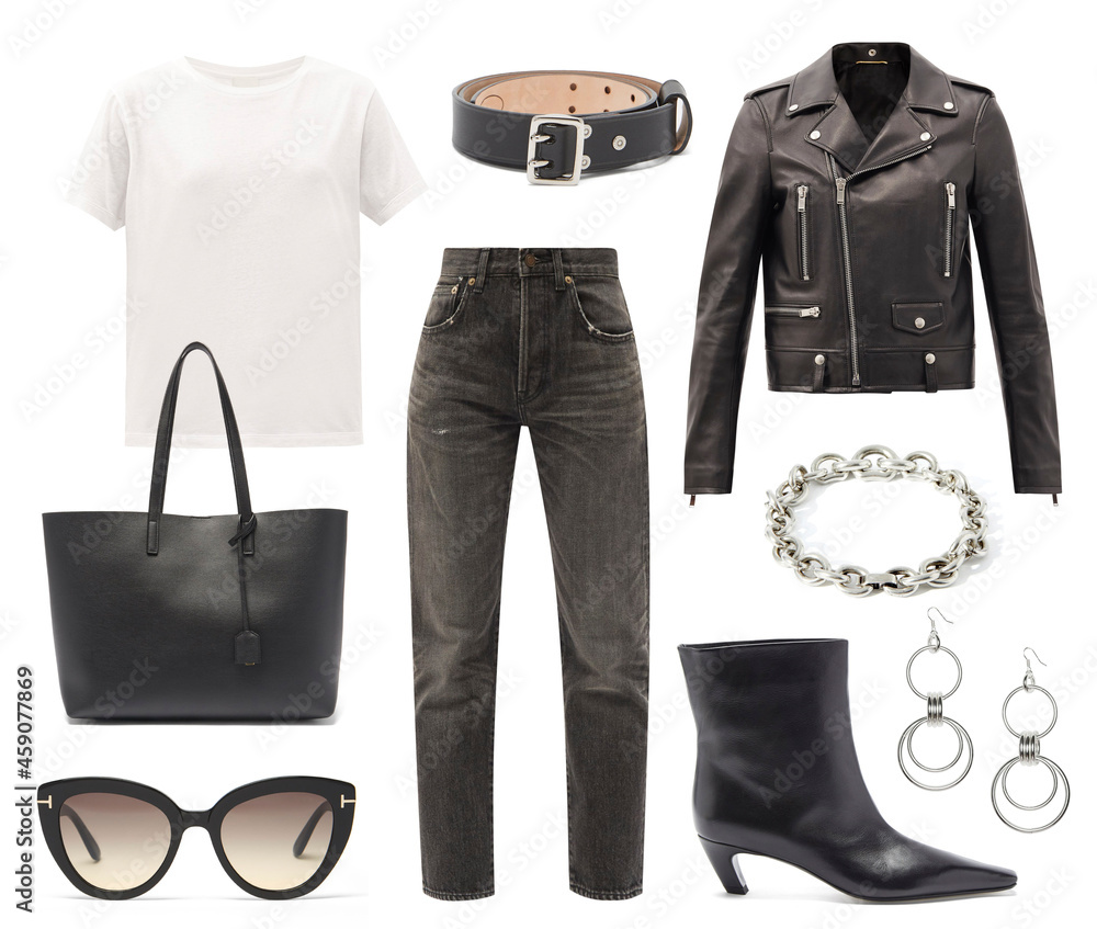 A set of fashionable clothes and accessories on a white background A set of fashionable clothes and accessories on a white background