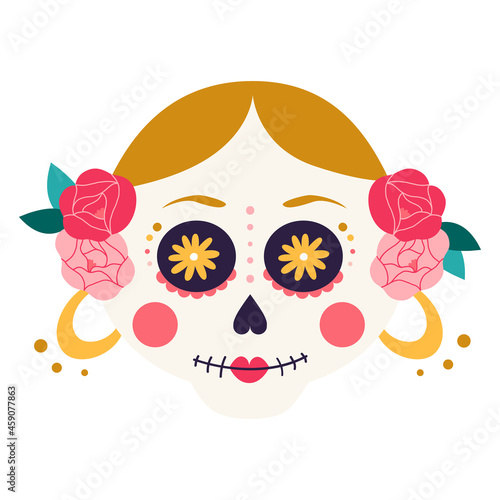 Mexican woman with flowers. Sugar skull, Sugar Head, Skull Face, Cartoon Skeleton, Dead Head and Human Skulls. Mexico. Dead head and human skulls. Halloween, Day of the Dead illustration. Flat vector