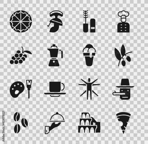 Set Slice of pizza, Pinocchio, Olives branch, Mascara brush, Coffee moca pot, Grape fruit, Pizza and Ice cream icon. Vector