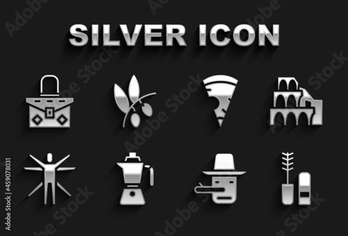 Set Coffee moca pot, Coliseum in Rome, Mascara brush, Pinocchio, Vitruvian Man, Slice pizza, Handbag and Olives branch icon. Vector