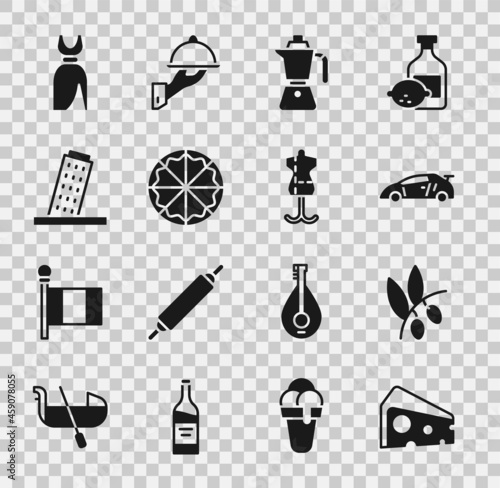 Set Cheese, Olives branch, Sport racing car, Coffee moca pot, Pizza, Tower Pisa, Woman dress and Mannequin icon. Vector