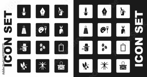 Set Bottle of wine in bucket, Paint brush with palette, Grater, Pizza knife, Woman dress, Pope hat, Picture and Pinocchio icon. Vector