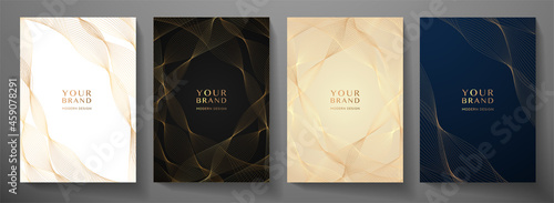 Contemporary technology cover design set. Luxury background with gold line pattern (guilloche curves). Premium vector backdrop for business layout, digital certificate, formal black brochure template