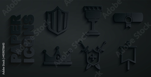 Set Medieval shield with swords, Decree, parchment, scroll, King crown, flag, goblet and Shield icon. Vector