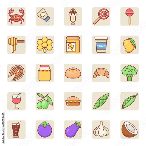 Filled color outline icons for food.
