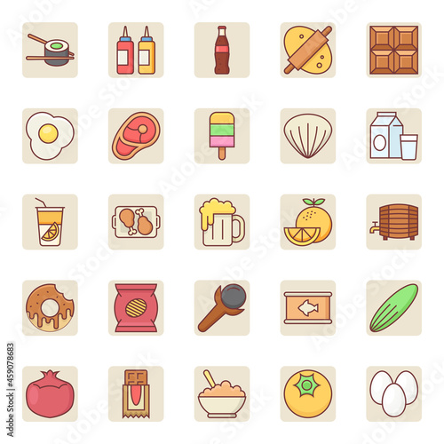 Filled color outline icons for food.