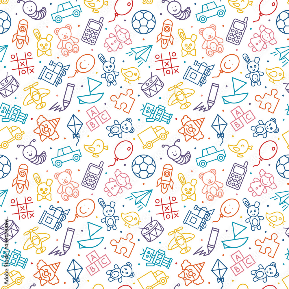 Seamless pattern of kids toys. Baby background, vector illustration.