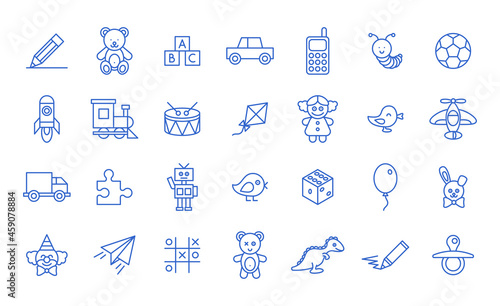 Set toys icons on white background. Line style vector illustration.