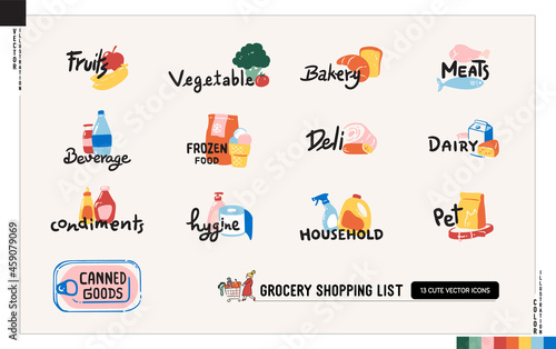 Set of grocery list icons, grocery shopping concept. Vector illustration in cartoon style.